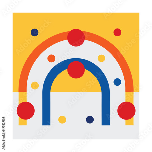 Abstract geometric illustration featuring arcs and circles in a bright colorful arrangement