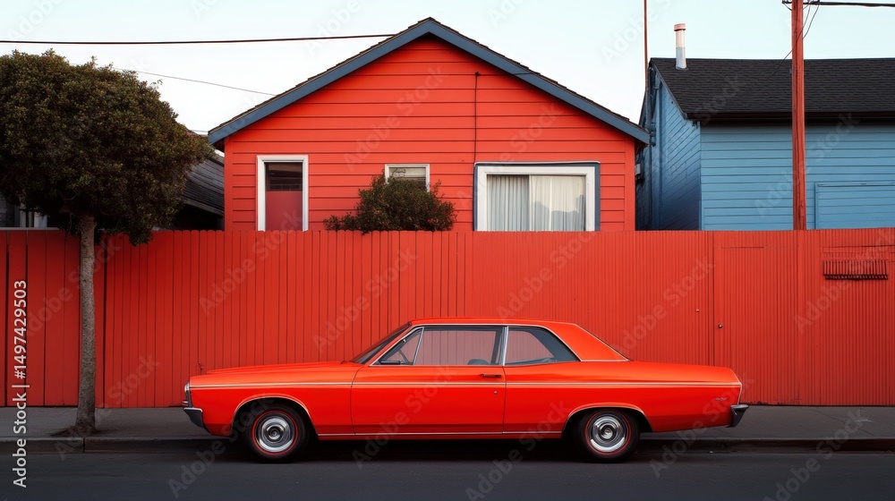 Fototapeta premium Classic orange car parked by colorful houses in a vibrant neighborhood on a sunny day