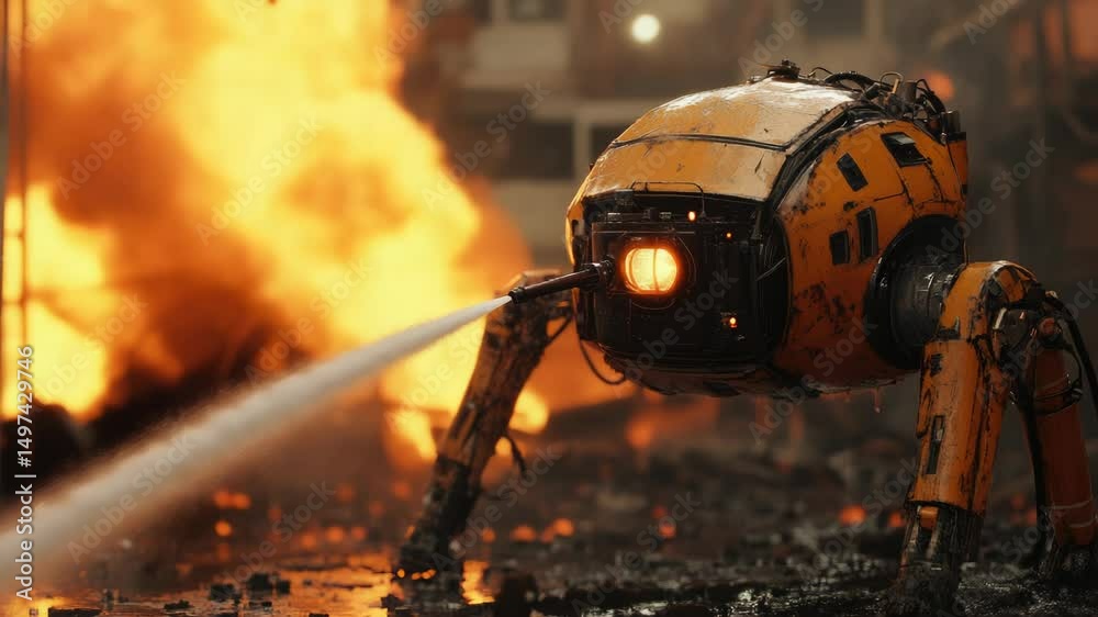 Quadrupedal firefighting robot extinguishing flames in a high-tech emergency scenario, showcasing advanced robotics and AI-driven disaster relief technologies