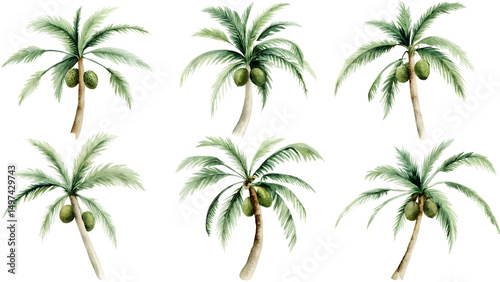 Six lush palm trees with coconuts isolated on a white background