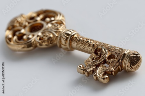 Decorative golden key with intricate designs resting on a soft surface, showcasing craftsmanship and artistry