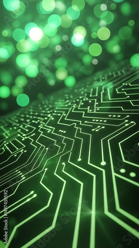 Abstract green circuit board with bokeh lights technology background
