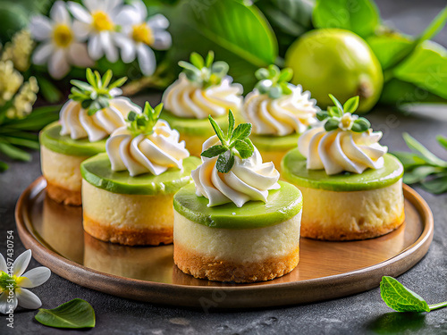 Elegant Mini Lime Cheesecakes with Whipped Cream and Mint Garnish. Delicious food background