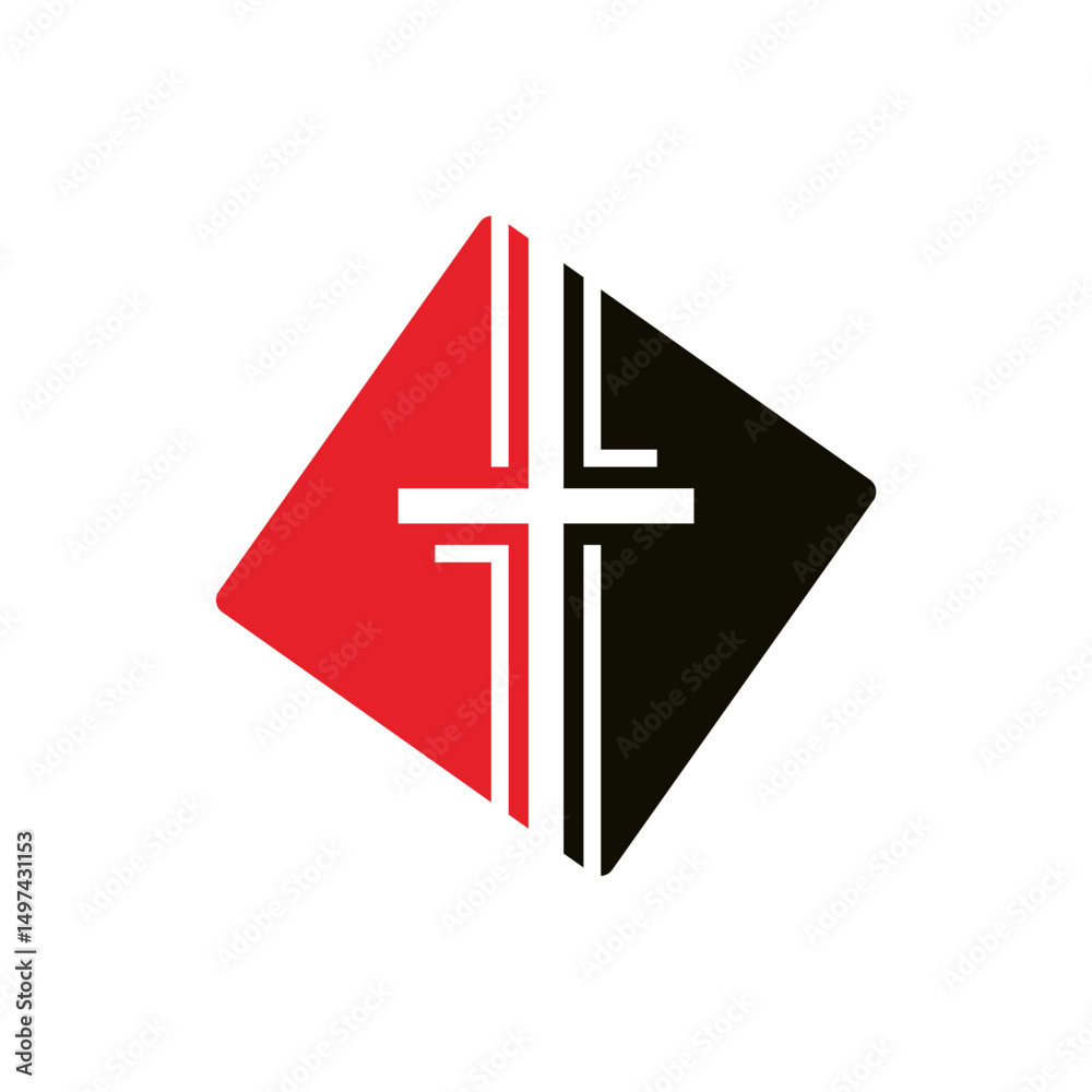 Obraz premium Modern Cross Logo Design in Red and Black Diamond Shape for Church, Community, and Healthcare