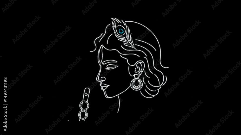 Krishna Janmashtami line drawing depicts Krishna playing a flute, suitable for greeting cards, posters, and religiousthemed designs.