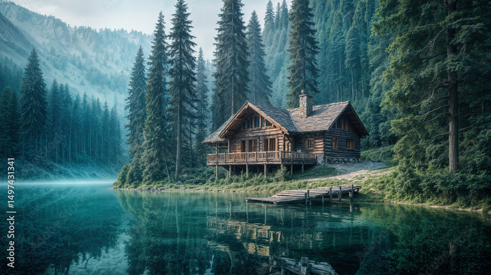 Fototapeta premium Cozy Wooden Cabin by Mountain Lake Surrounded by Pine Forest 