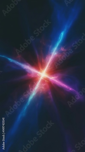 Abstract cosmic nebula with bright energy beams and glowing stars
