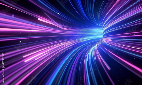 Hyperspeed neon tunnel effect with blue and pink light streaks rushing toward center, creating a dynamic sci-fi warp visual.