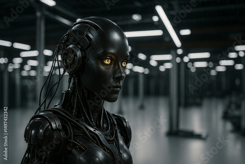 AI Robot in Dark Industrial Lab – 3D Concept Art