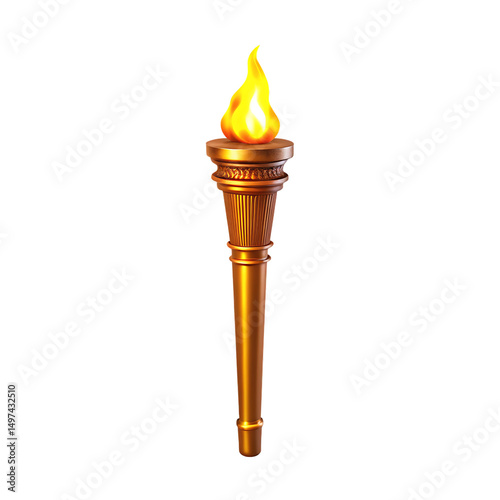 Golden torch with flaming fire isolated on a white background