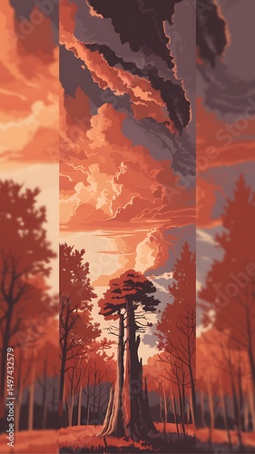 Majestic redwood tree in autumn forest at sunset with dramatic clouds