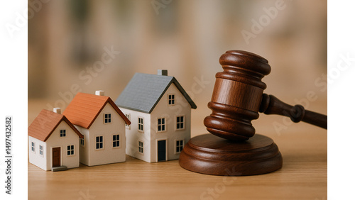Real Estate Auction Concept with Judge Gavel and Miniature Houses – Legal Property Sale.