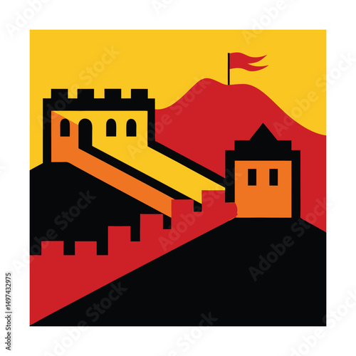 Stylized illustration of the great wall of china set against a vibrant yellow and red sky