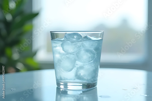 Wallpaper Mural Close-up of fresh cold water with ice cubes in a minimalist glass, placed on a reflective table near window light, peaceful and refreshing mood  Torontodigital.ca