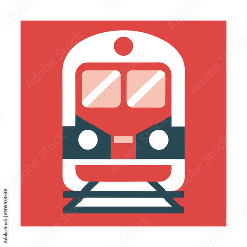 Stylized frontal view illustration of a passenger train on a red square background