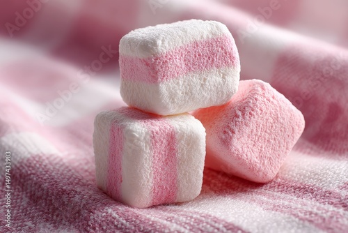 Sweet pastel marshmallows stacked on a soft fabric background in a cozy setting