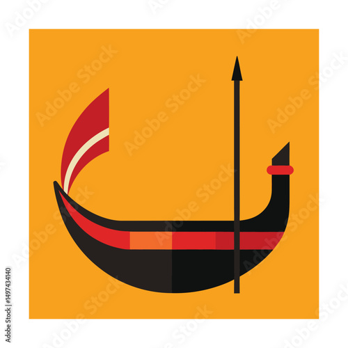 Stylized illustration of a viking longboat with sail and spear on a vibrant orange background