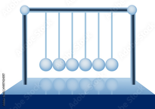 Newton's cradle showing metal spheres in motion, a physics toy demonstrating balance and gravity