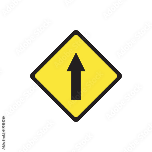 Vector of a yellow diamond-shaped road sign with a straight arrow. Commonly used in traffic alerts, driving apps, transportation safety, or urban planning visuals.
