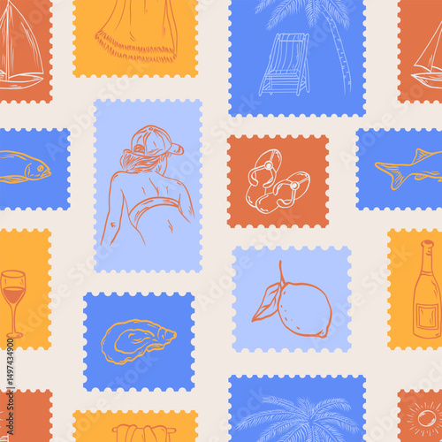 Hand drawn stamp summer seamless pattern. Doodle sketch palm tree, lemon, crab, swimsuit, basket with pineapple. Vector.