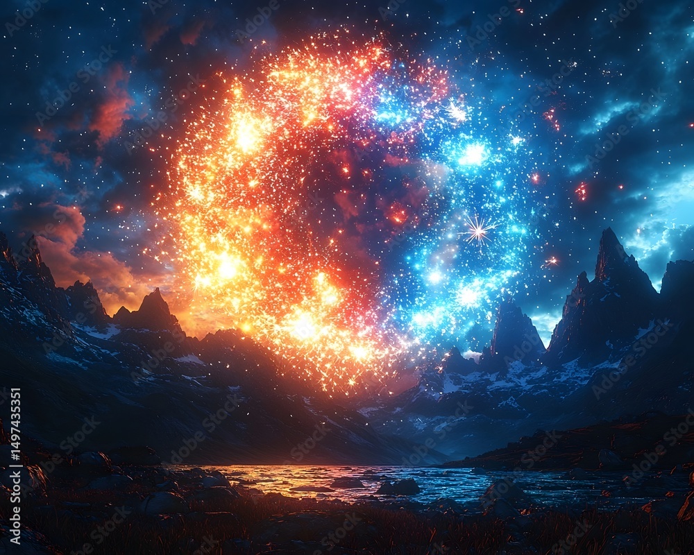 Obraz premium Colorful fireworks explosion lighting up the night sky behind silhouetted mountain peaks