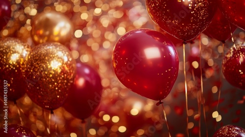birthday party balloons, Celebration background with red golden confetti and red balloons.