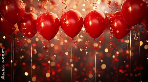 birthday party balloons, Celebration background with red golden confetti and red balloons.