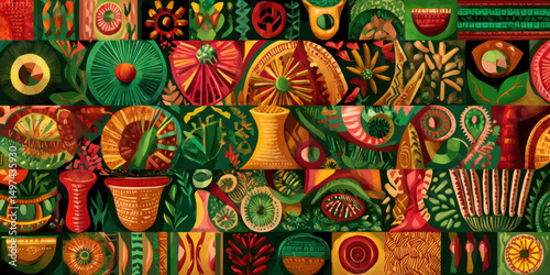 Vibrant flat illustration featuring geometric patterns, floral motifs, and rich colors celebrating cultural heritage, symbolizing unity and community during significant cultural events