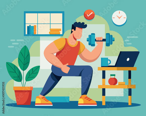 illustration of a man lifting a dumbbell at home