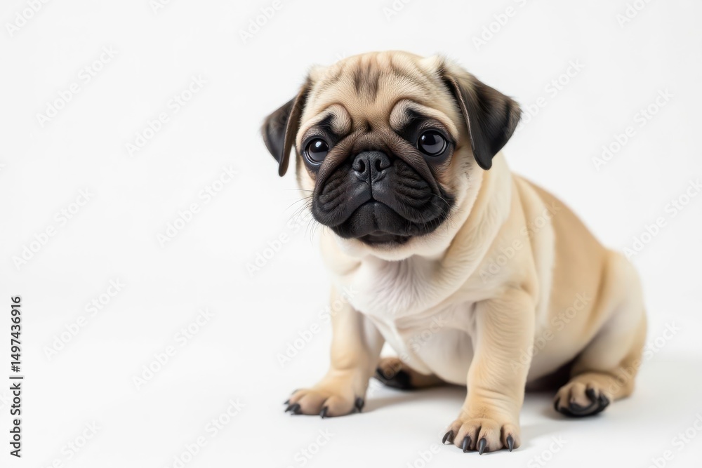 Adorable pug dog, isolated on white background, companion, puppy Adorable pug dog, isolated on white background, companion, puppy