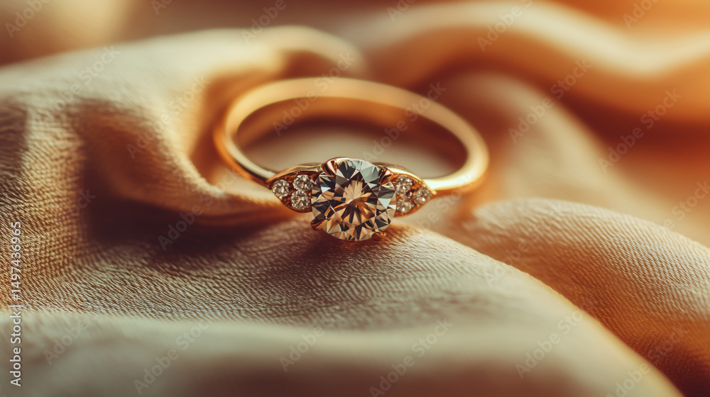 Obraz premium Close-up of an engagement ring with a diamond on a beige fabric background.