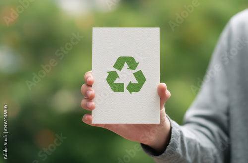 A person is holding a recycling and reuse sign, symbolizing the reduction of waste through reuse means, achieving sustainable development of the ecological environment, and promoting the green economy