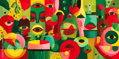 Colorful abstract illustration featuring vibrant plant pots and stylized faces, celebrating cultural heritage and unity, ideal for Black History Month and Kwanzaa themes