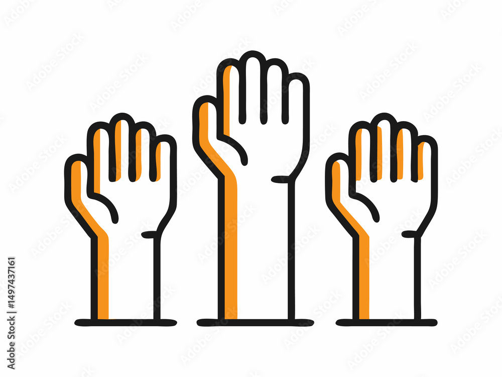Fototapeta premium Three stylized hands raised high in a celebratory gesture, depicted with bold red outlines and a dynamic, hand-drawn style against a white background.