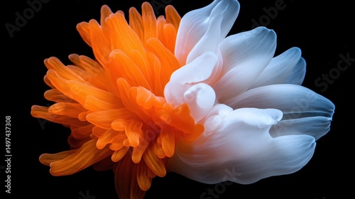 Beautiful orange and white flower with intricate petal details against a dark background