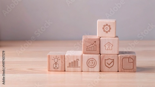 Real Estate icons on wooden blocks new 