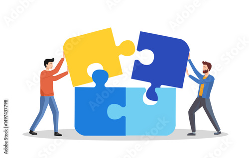 Teamwork of people that collect a puzzle. Concept for infographics, web banner. Flat isometric vector illustration.