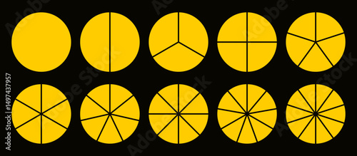 Infographic icon pie circles set divided radius in yellow color. Segments of circle with 1 to 10 pieces. Pie diagram set. Divided circle sections set. Vector illustration