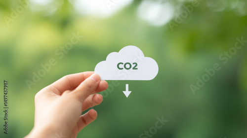 The concept of reducing carbon dioxide emissions to achieve carbon neutrality. Holding a symbol for reducing carbon dioxide emissions in hand.
