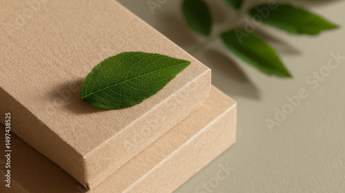 A pile of paper boxes and cardboard are placed with green plants, symbolizing their biodegradability or recyclability, embodying the concepts of sustainable development, zero waste and green economy