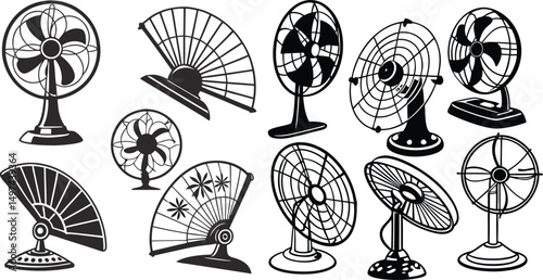 portable mini fan line art and silhouette vector icon design flat collection