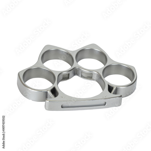 A silver knuckle duster with four finger holes, isolated on a transparent background, close up shot, sharp focus