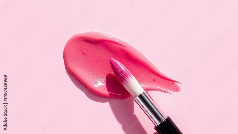 Obraz premium Smears of shining lip gloss and lip gloss brush on pink background hard shadows