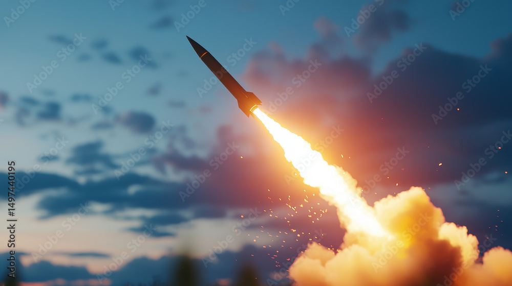 Fototapeta premium Dramatic missile launch against colorful sky, showcasing power and technology of modern weaponry
