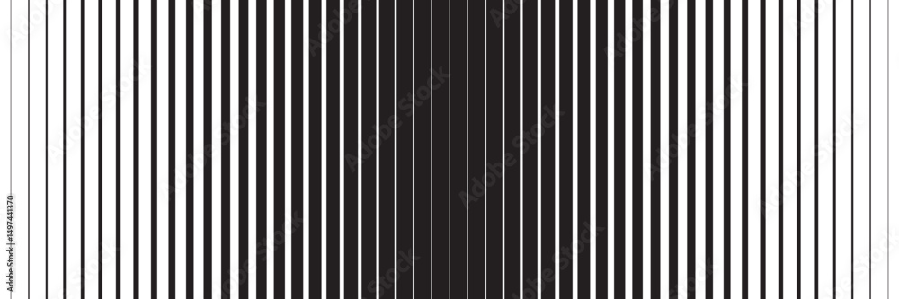 Vertical black and white stripes pattern. Graphic background with parallel thick and thin lines. Geometric backdrop with optical illusion effect. Abstract vector illustration.