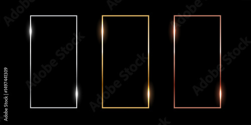 Gold, silver and bronze vertical rectangle thin frames. Metal photo or picture frames isolated on black background. Simple object mockup. 3d realistic empty template vector illustration set.