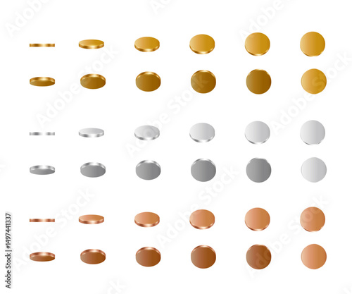 Gold, silver and bronze coins animation. 3d metal money rotation in different colors and positions. Flip coins vector set isolated on white background. Game icons. Payments, investment, finance.