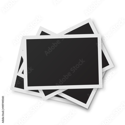 Stack of blank retro photo frames. Empty vintage photographs with white borders on white background. Collage template for memory album, scrapbook, or nostalgic design. Realistic vector illustration.
