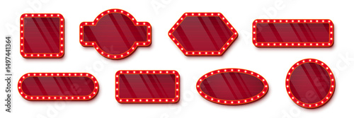 Retro casino light signs with red glossy glass surfaces and golden bulbs around the edges on white background. Circus, cinema, theater banners of various shapes. Vector illustrations set.