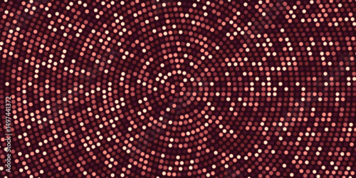 Glowing red halftone dot background. Bright circular lights grid on dark. Futuristic and vibrant texture pattern. Geometric minimal digital design. Abstract vector illustration.